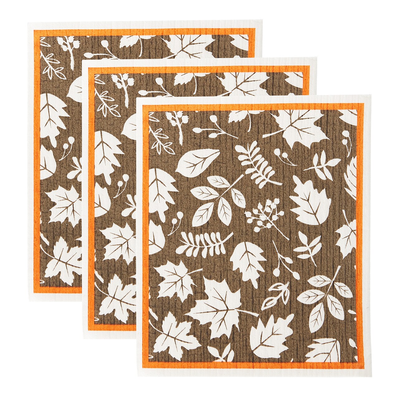 Contemporary Home Living Autumn Leaves Fall Harvest Swedish Dishcloths - 7.75" - Brown and Orange - Set of 3